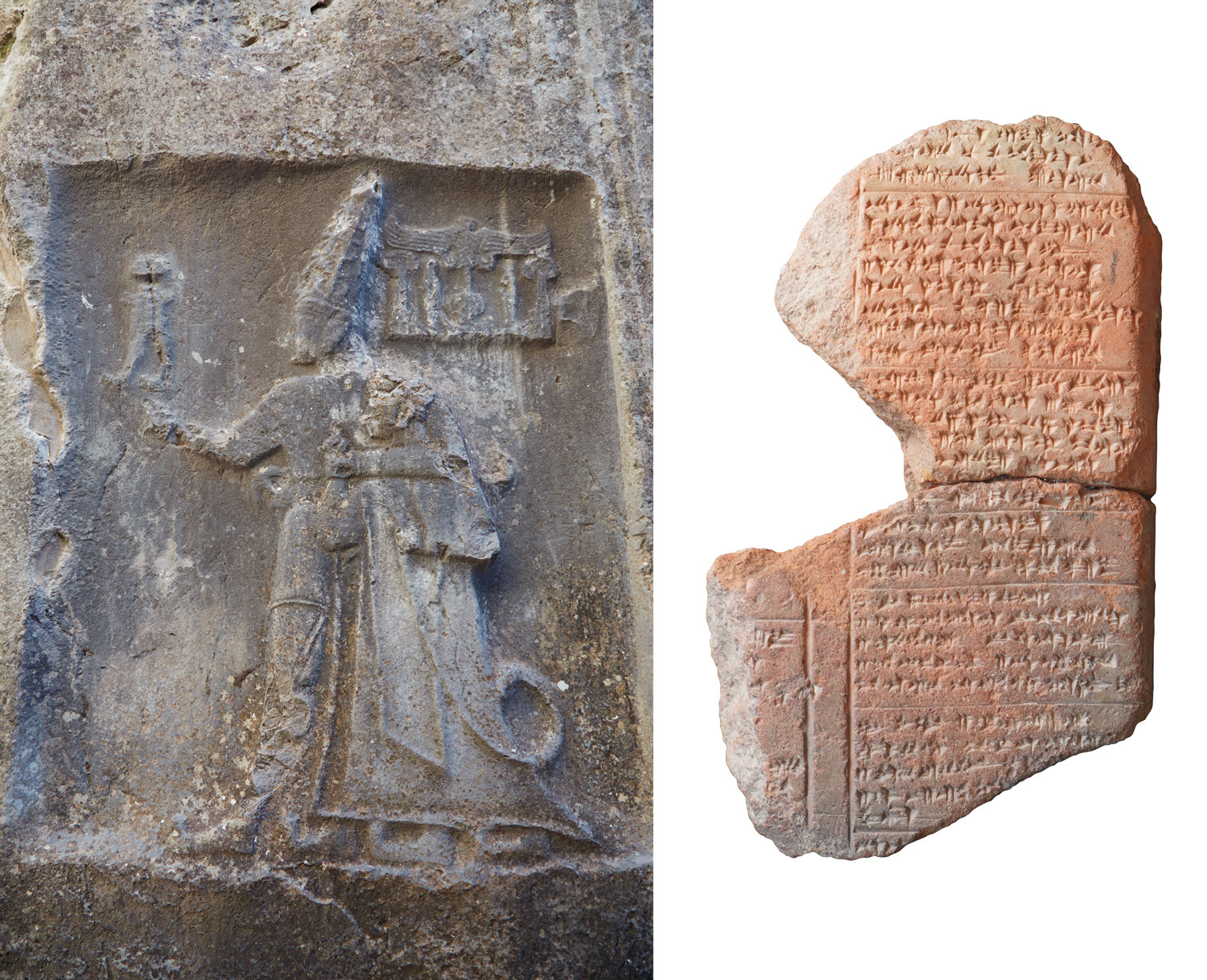 Relief depicting deity with Hittite king, near Hattusha, Anatolia (left); Tablet (right)