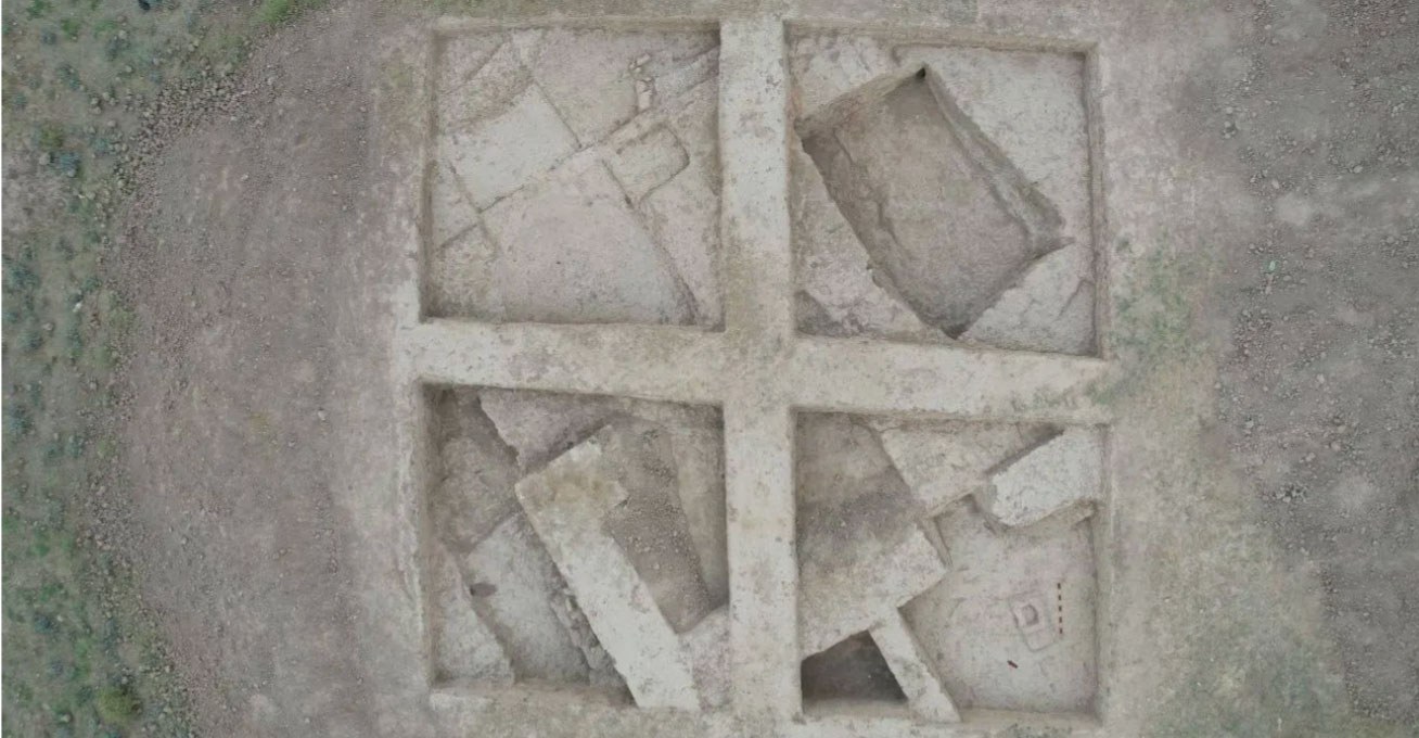 Aerial view of excavation of a building, Boburtepa, Uzbekistan