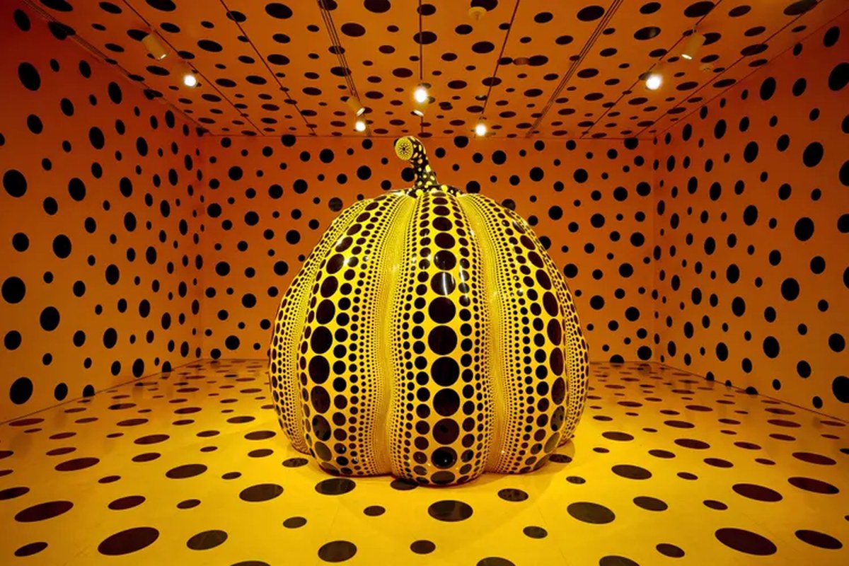 A large pumpkin sculpture by Yayoi Kusama, on view at the Smithsonian's Hirshhorn Museum and Sculpture Garden in 2023