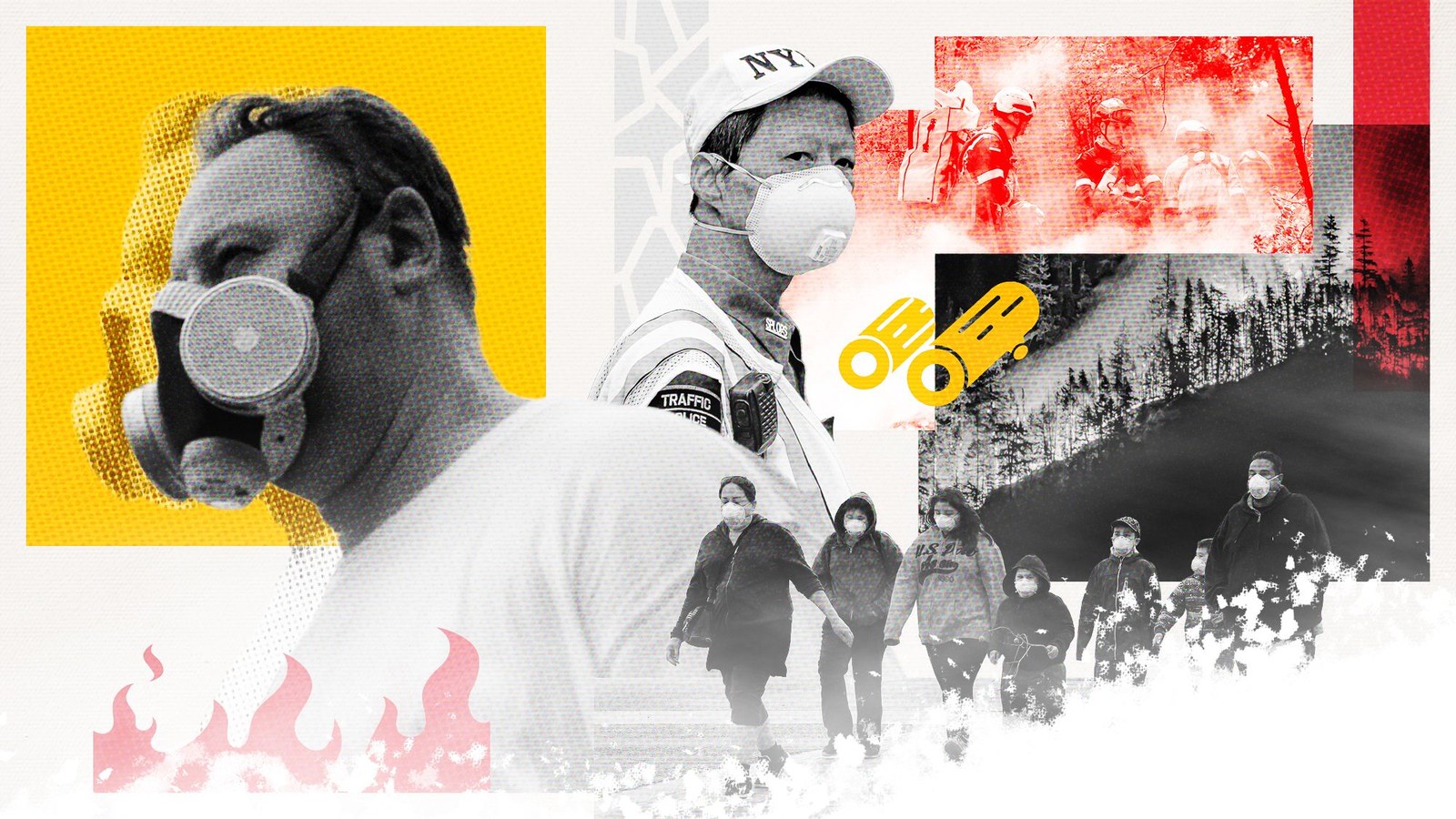 A collage of several images of people wearing masks with wildfire raging below them.