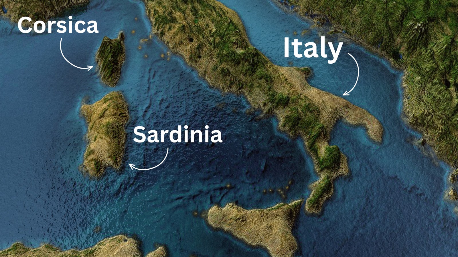 A map of Italy showing the islands of Corsica and Sardinia.