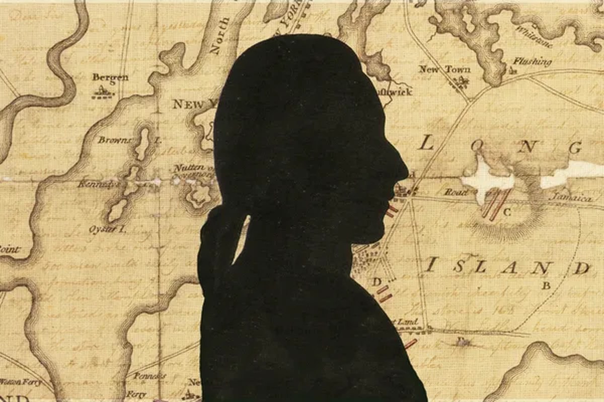 An illustration of David Maltbie on top of a map of Long Island in 1776