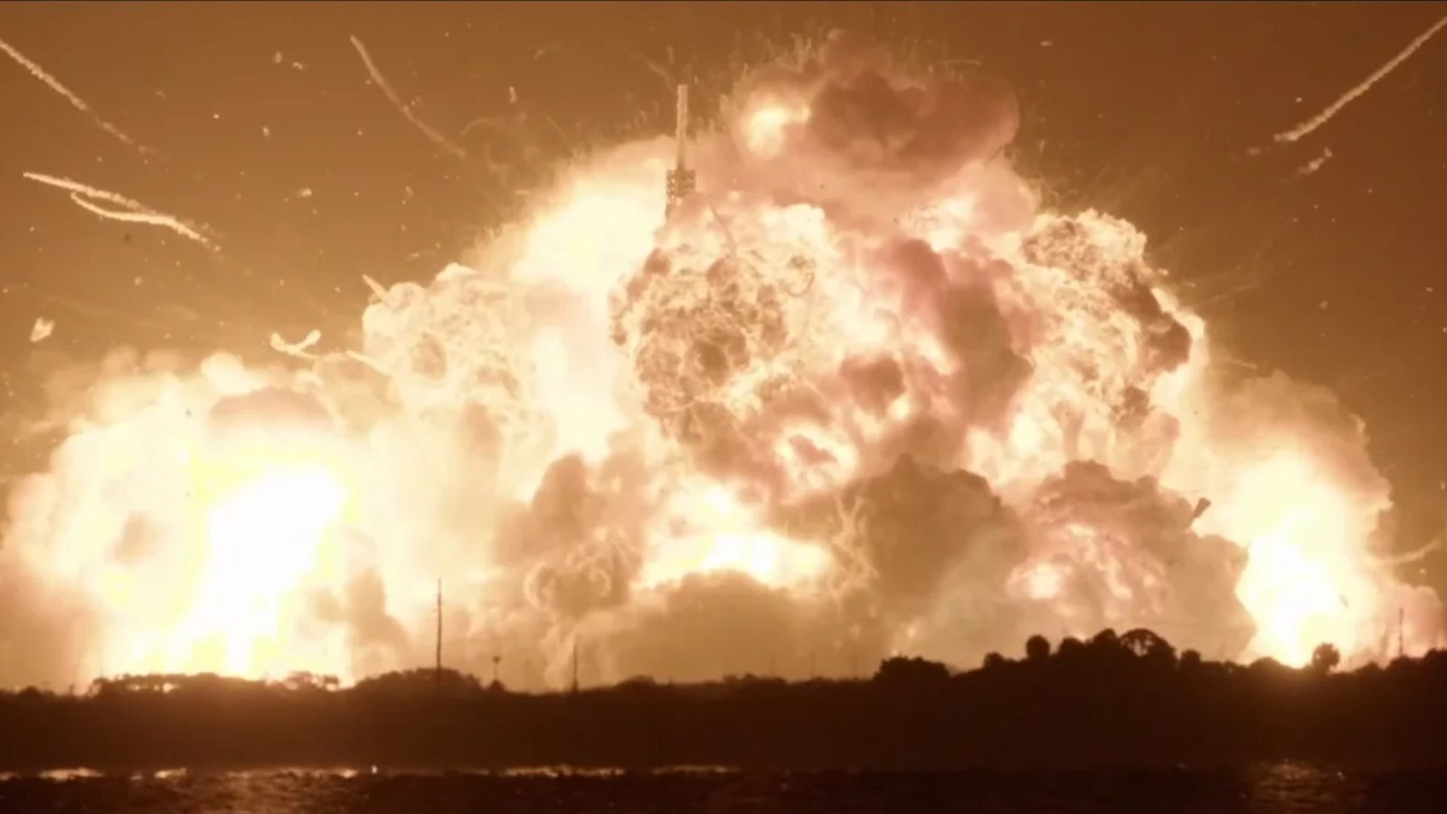 A screengrab from the video of the rocket exploding, showing a giant fireball in the night sky