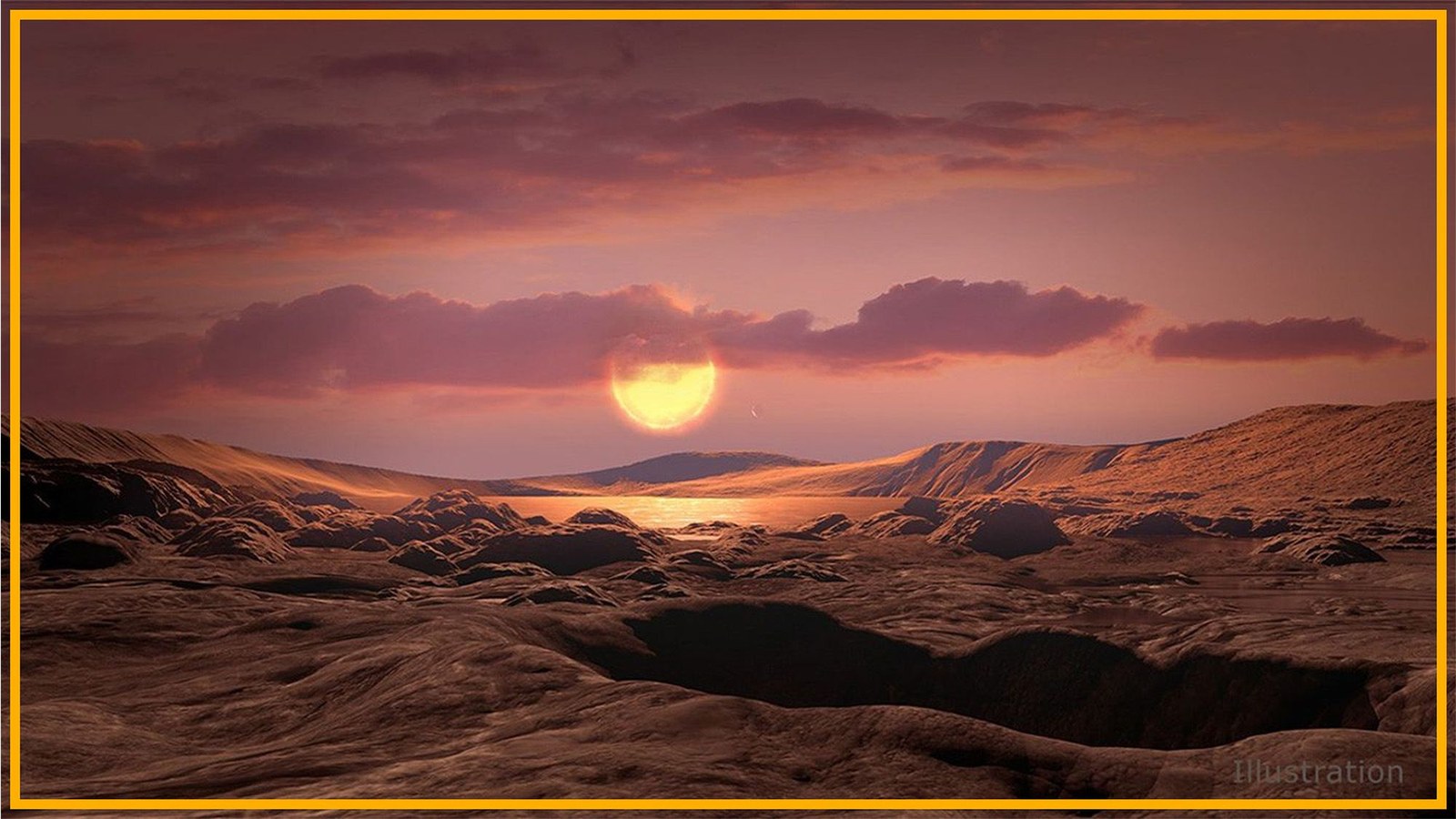 An illustration of a sunset on another planet.