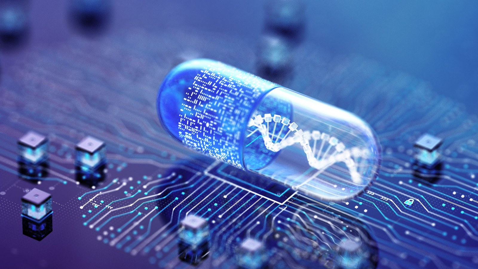 An illustration of a pill on a circuit board with DNA inside the pill