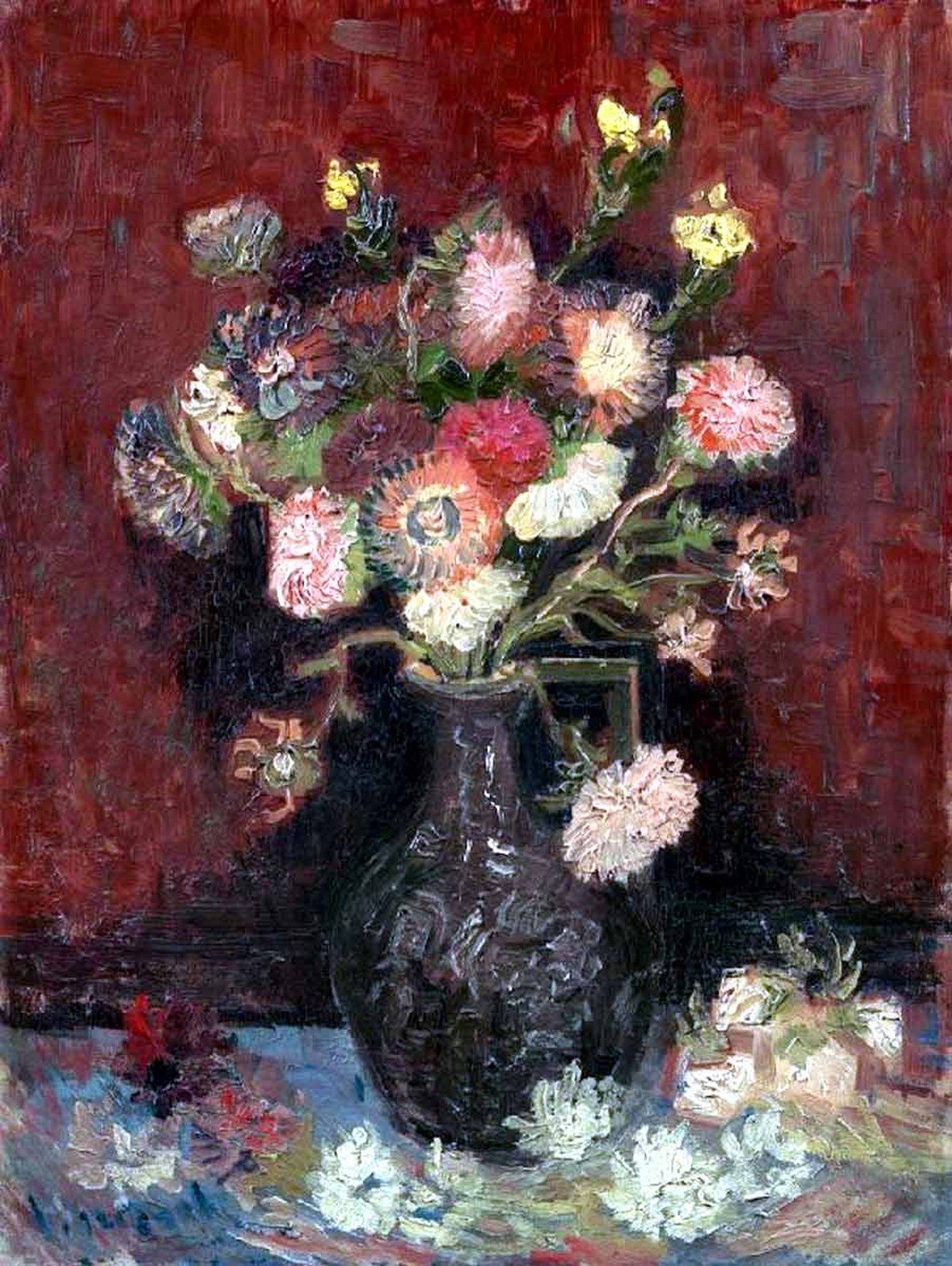 van gogh vase with chinese asters and gladioli