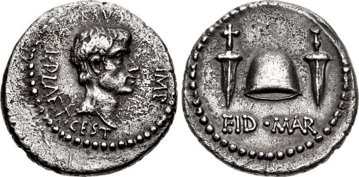 Brutus and L. Plaetorius Cestianus, denarius, 42 BCE. Credit: CNG, CC BY-SA 2.5.