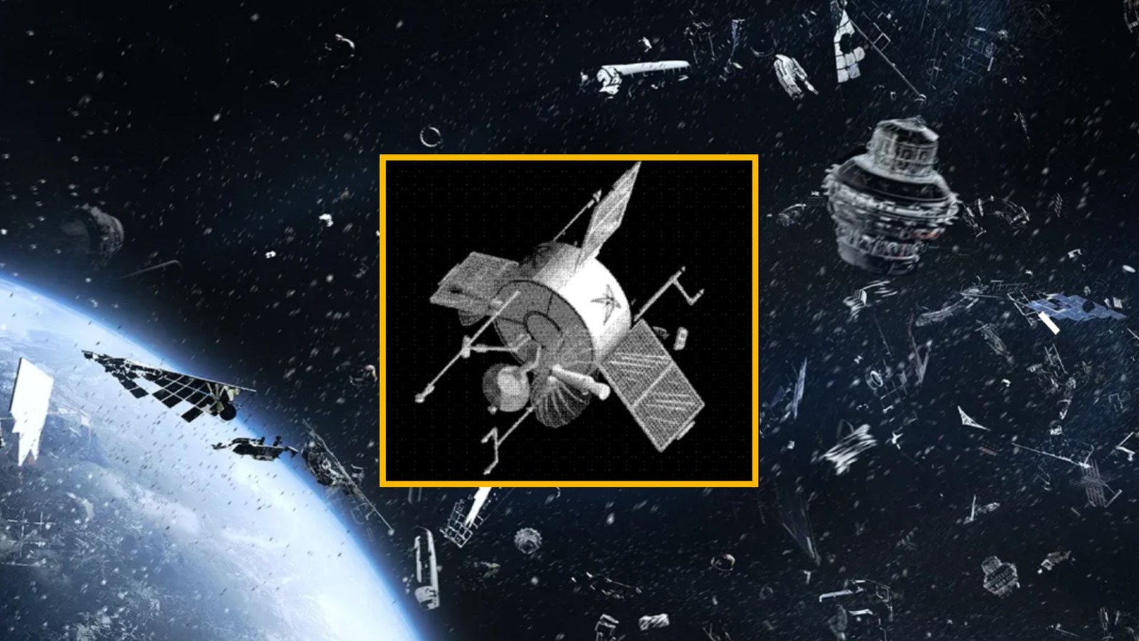 An illustration of space junk over Earth with a photo of USA 32 added