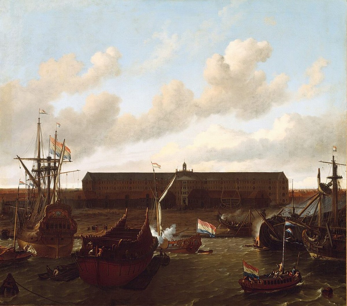 Ludolf Bakhuizen's painting of the Dutch East India Company shipyard at Amsterdam, with hulls under construction and the company warehouse behind