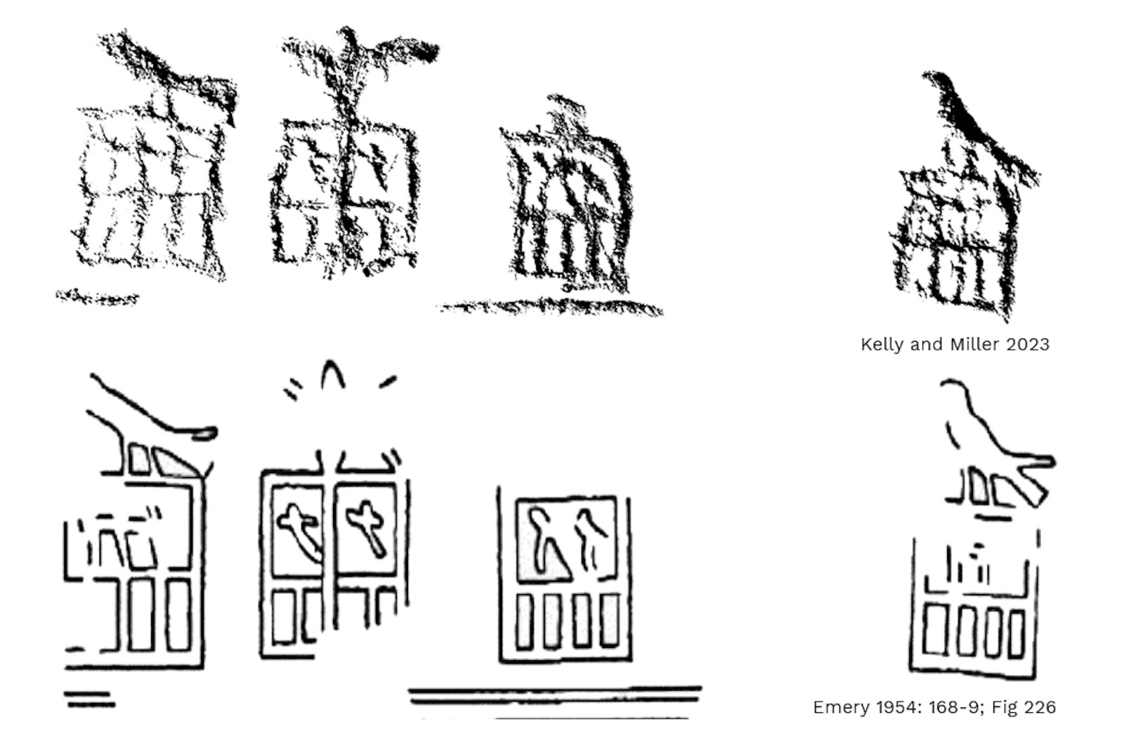 Two lines of sketches. The first line shows rubbings and the second drawings of ancient Egyptian symbols.