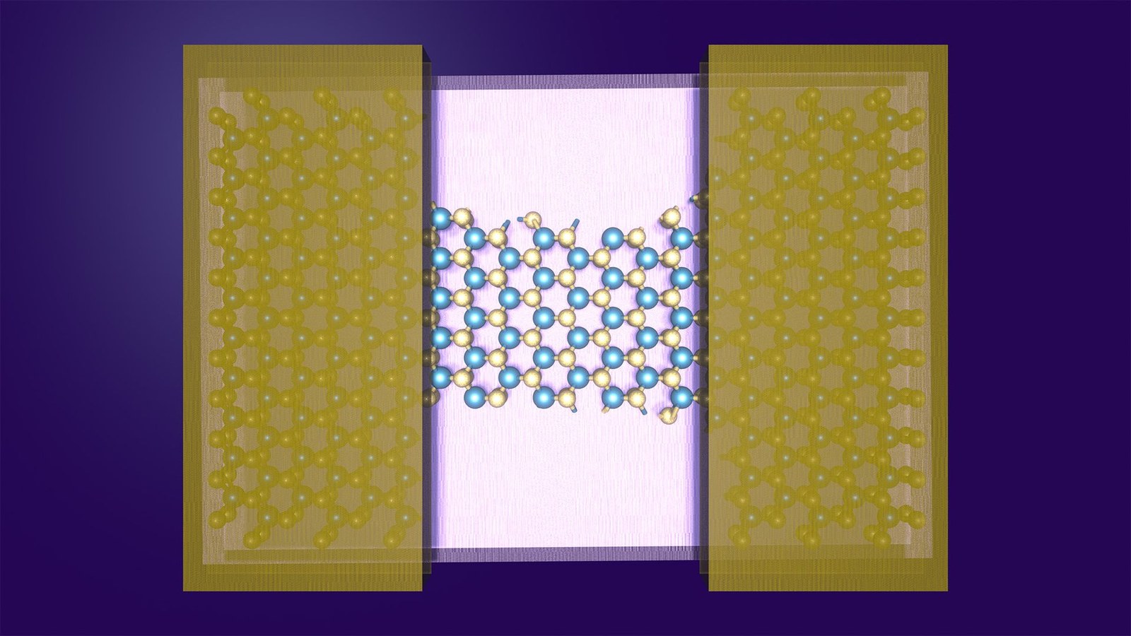An illustration of two golden boxes connected by a pink box with molecules in between.