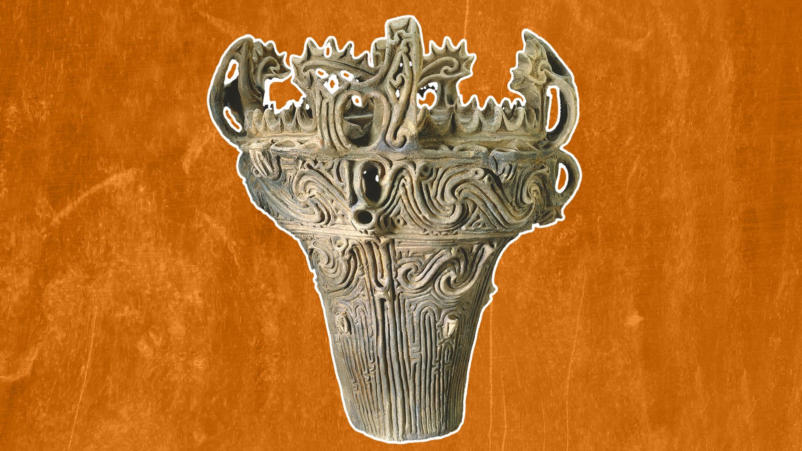 a coil-built pot that tapers from the top and has stylized flames around the rim, against an orange background