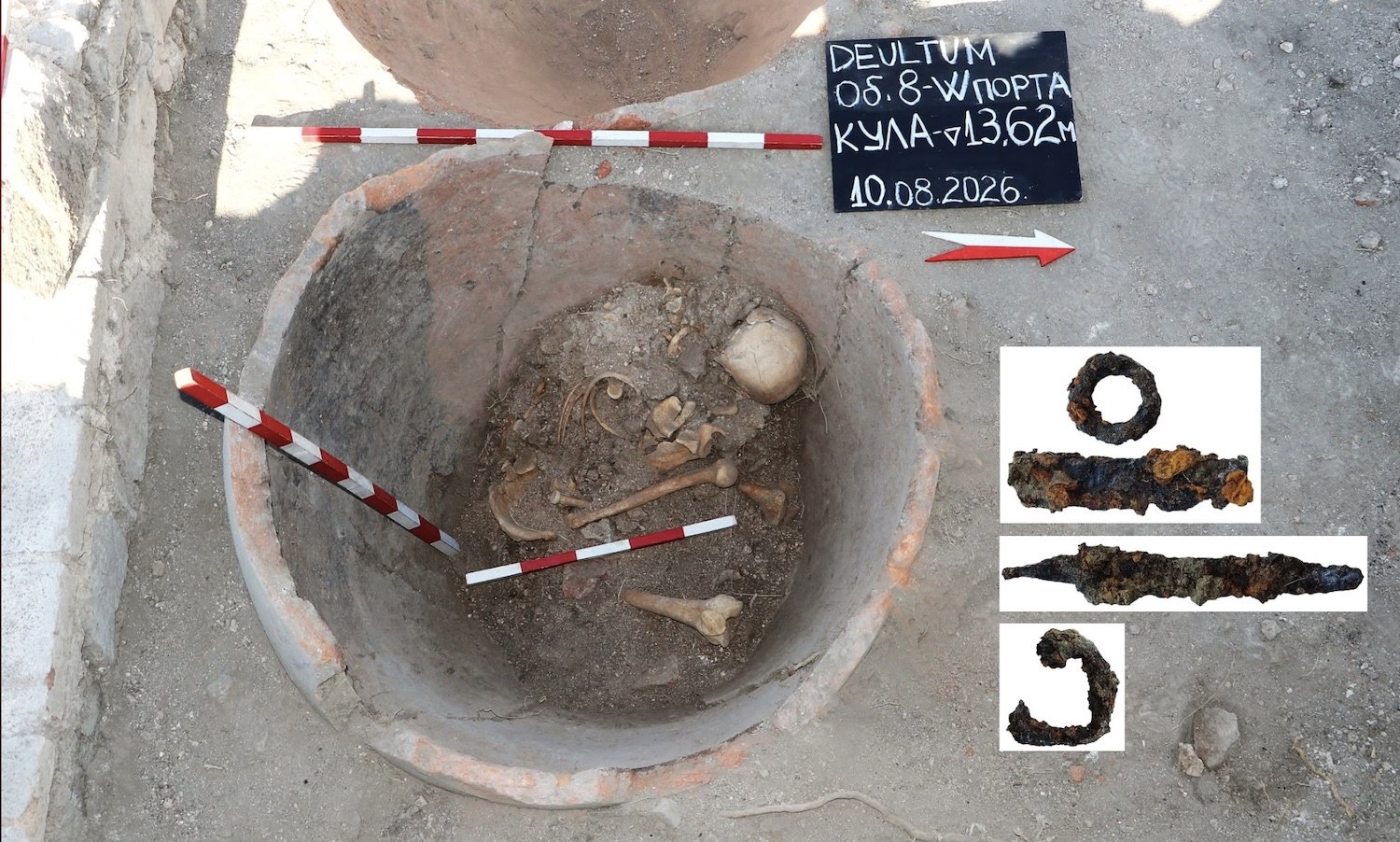 Bones of a man in a dolium, Deultum, Bulgaria, with inset of iron knives with which he was buried