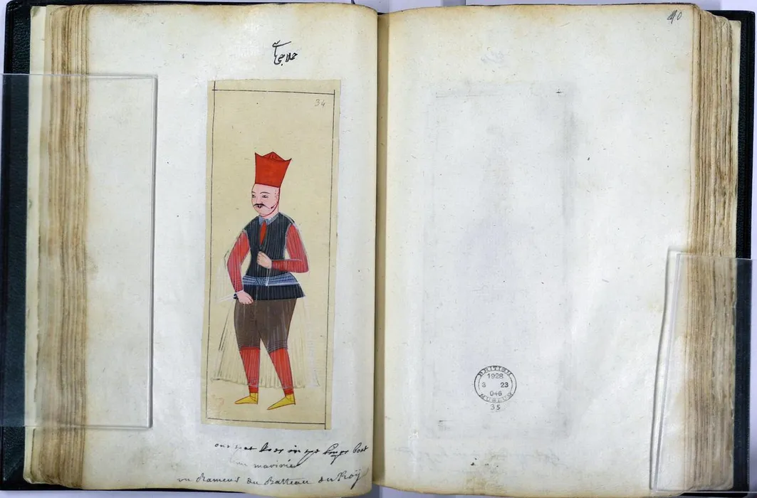 Folio 39b from an album of paintings showing Turkish sultans and court officials. Hamlaci basi. Chief oarsman in the Sultan's boat (kayik). Wearing square red hat with a red crown (barata), and a muslin transparent garment over his green tunic, bro - Bilinmiyor
