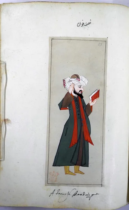 Folio 99b from an album of paintings showing Turkish sultans and court officials. Na'than. One who chants a poem in praise of the Prophet. A man with one hand raised, the other holding a book. Wearing a green kaftan, brown robe, red scarf, yellow - Bilinmiyor
