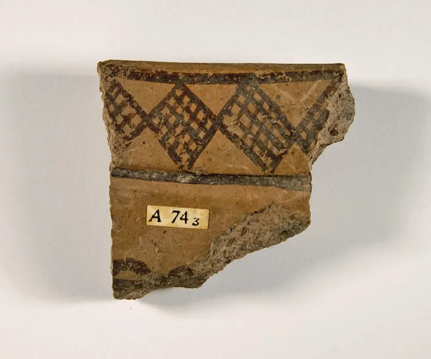 Rim sherd from large pottery bowl; painted band of hatched squares in brown on buff slip on exterior; wavy-line on top. - Bilinmiyor