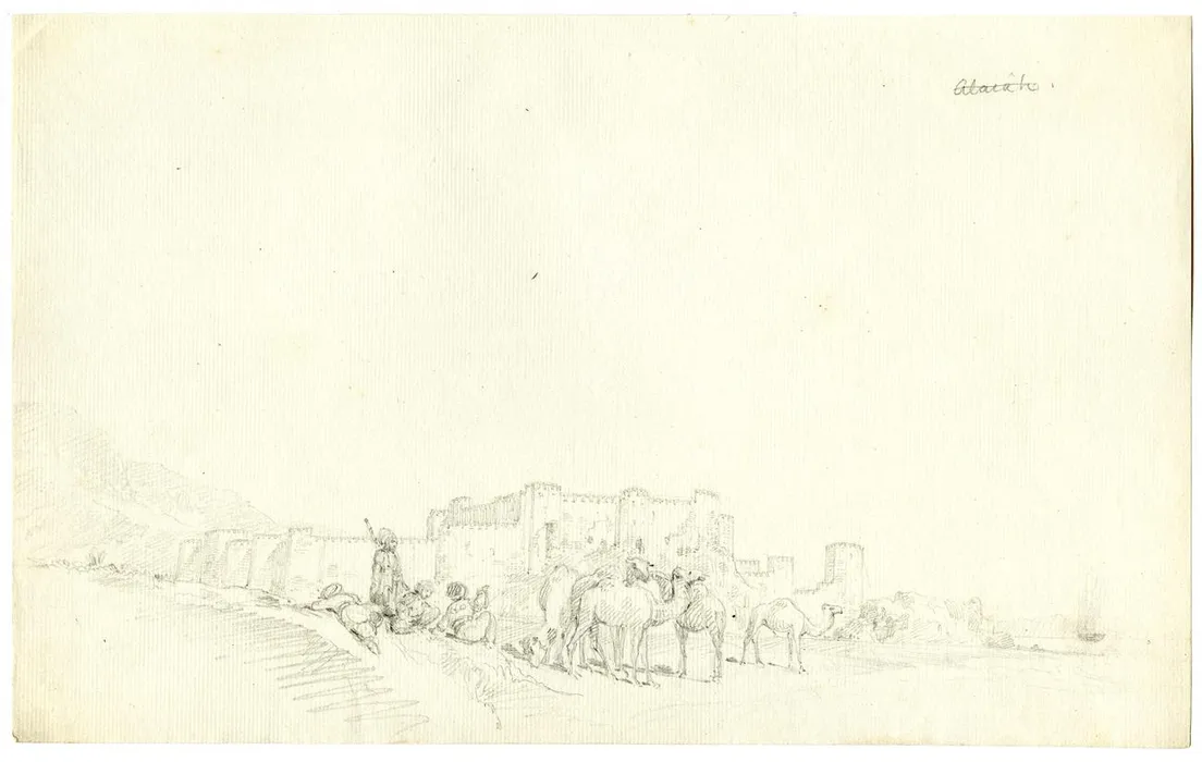 The fortress at Anemurium, with figures and camels in the foreground Graphite on a sheet of paper watermarked: 'ASHBY & Co 1811' - Charles Robert Cockerell