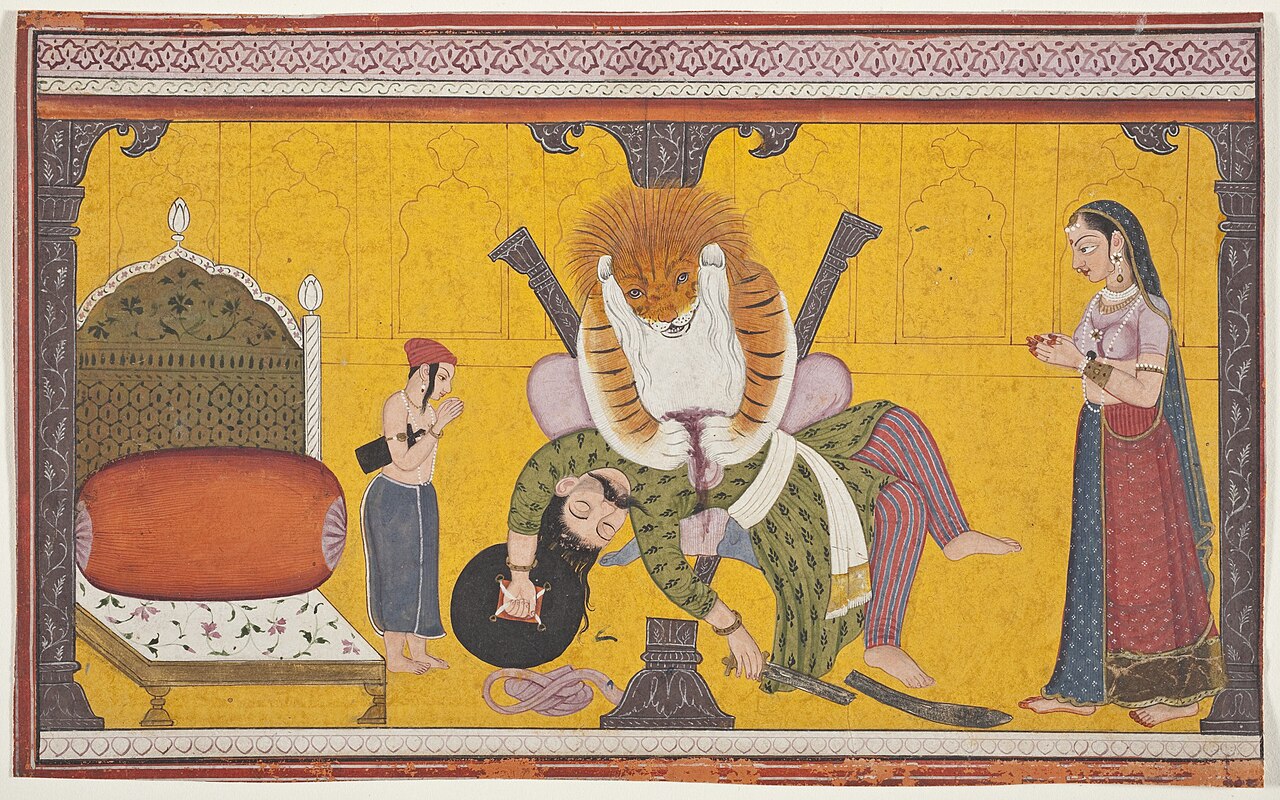 Lord Narasimha emerging from a pillar and disembowelling Hiranyakashipu, with Prahlada on the left, manuscript folio from a Bhagavata Purana, 1760–1770
