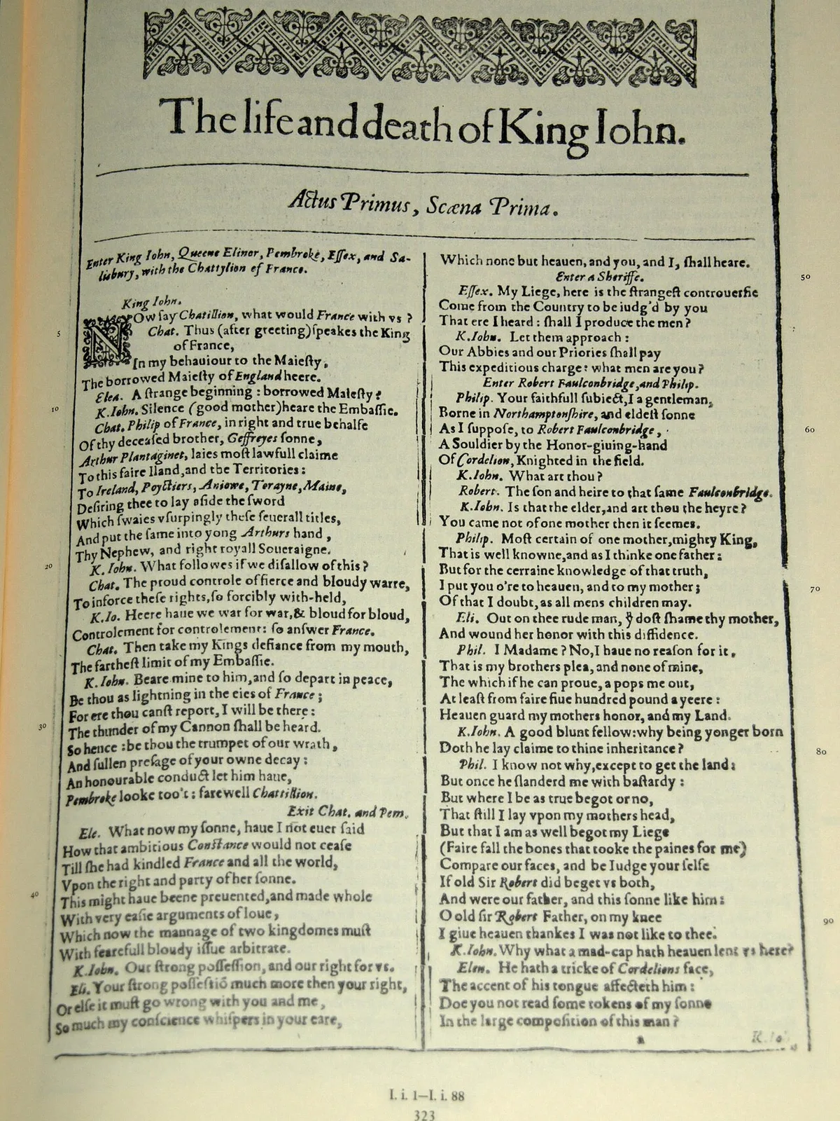 King John oyununun 1623de basılmış birinci folyo edisyonu baş sayfası