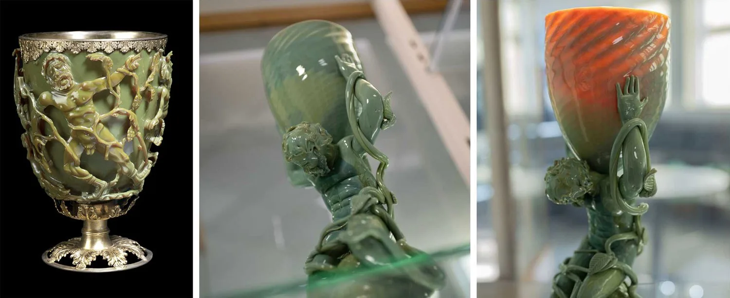 Lycurgus cup (left) and a contemporary glass sculpture depicting Lycurgus (middle and right)