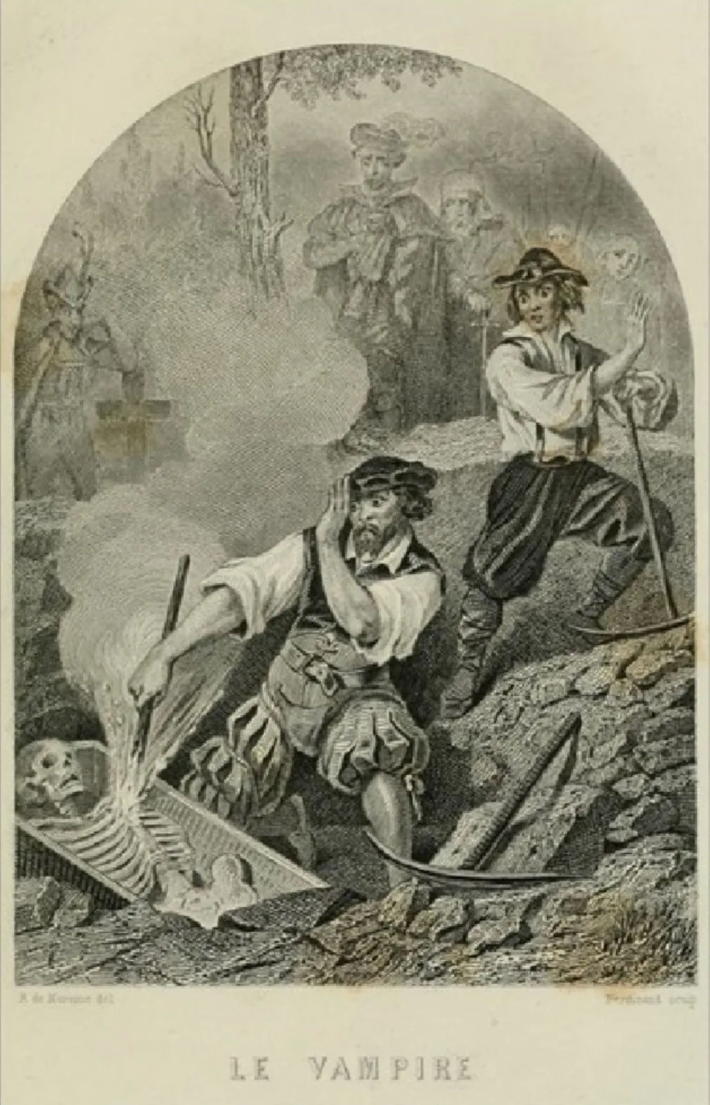illustration of a man next to an open grave stabbing a skeleton through the chest