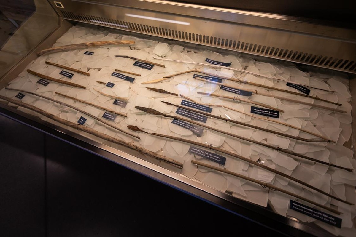 Ekibin son bulgularından bazıları, Norveç Dağ Müzesi'nde; buzdan çıkarılan eserler bozulmayı önlemek için birkaç gün içinde soğuk bir vitrine sergilenebilir – kaynak, Live Andrea Sulheim, Norveç Dağ Müzesi.
