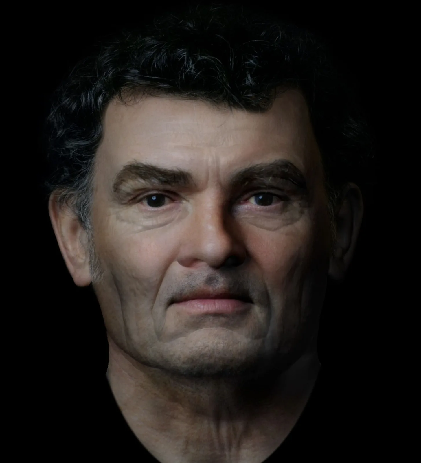 A digital reconstruction of a man's face with dark eyes and dark hair