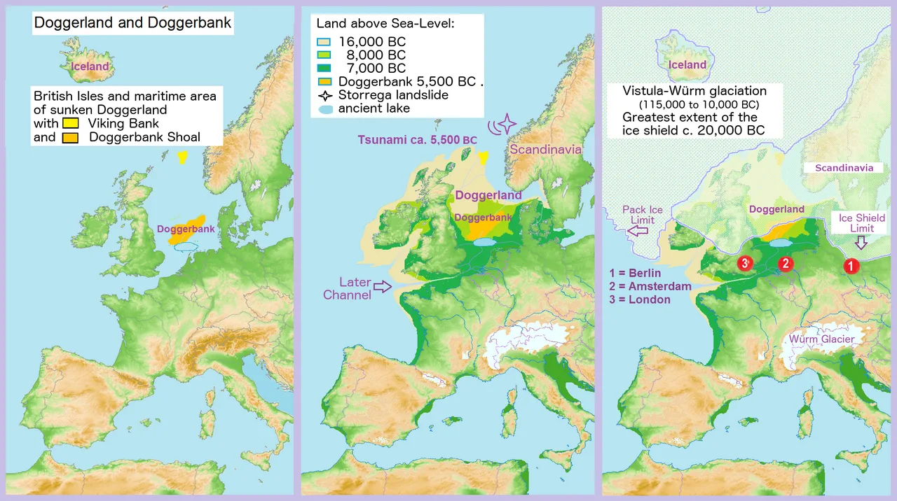 European coastline: modern (left), during the early Holocene (center) and during the Last Glacial Maximum (right)