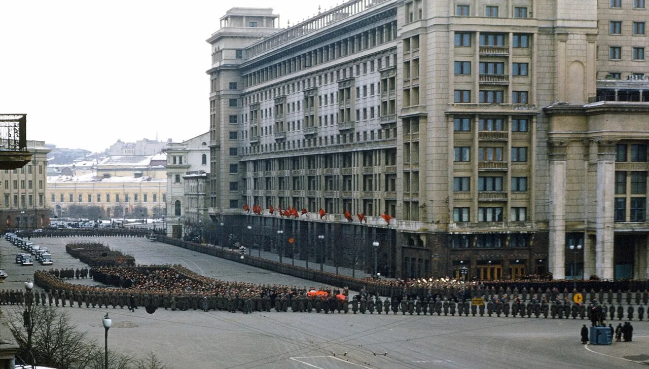 Stalin's funeral procession entering Manezhnaya Square from Okhotny Ryad