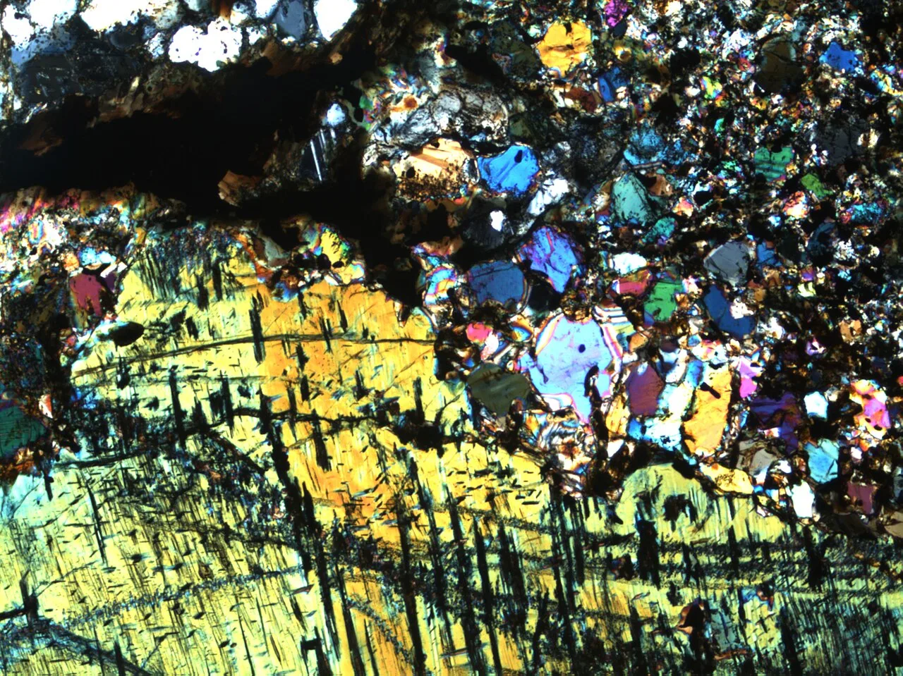 Thin section of a fragment of "John's stone" from the epicentre of the Tunguska event. "John's stone" was suspected of being a Tunguska meteorite fragment, but is in fact a metamorphic, terrestrial rock.